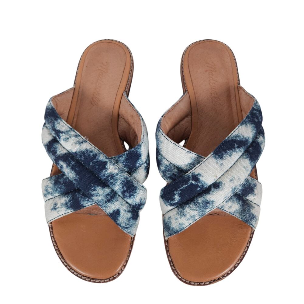 Madewell The Skyler Slide Sandals 7 Blue White Cross Strap Flat Slip On Shoes